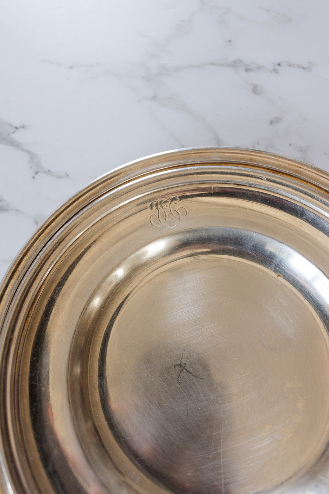 pair of antique french hotel silver monogrammed serving plates