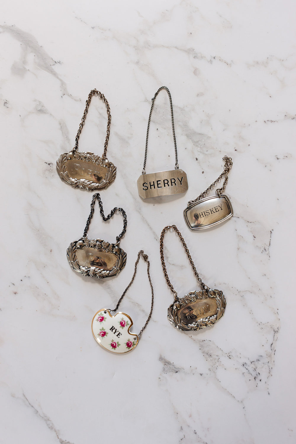 vintage English liquor decanter tags
