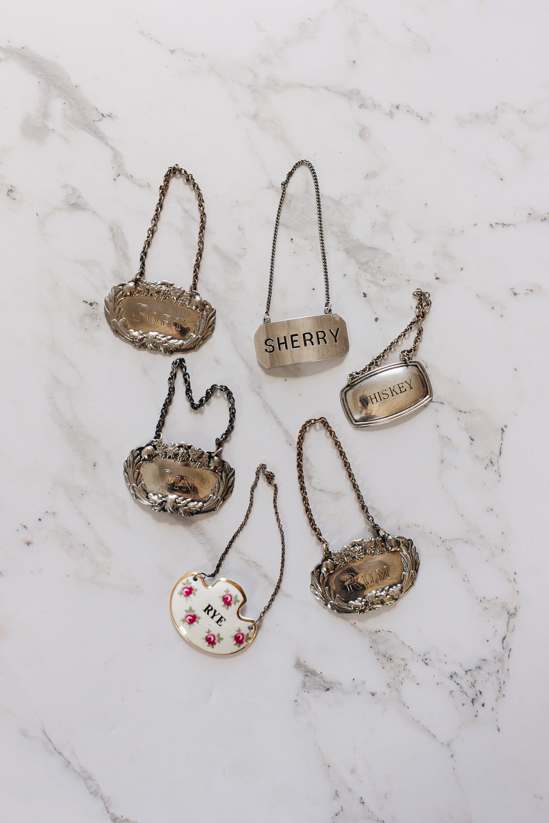 vintage English liquor decanter tags