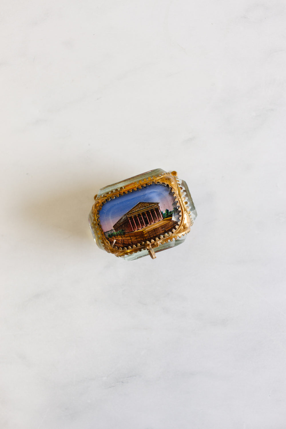 antique French beveled glass and ormolu souvenir bijoux casket