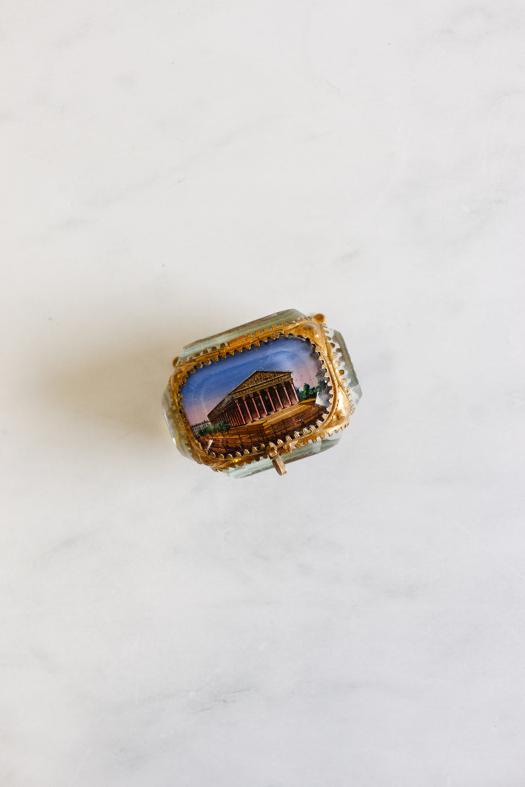 antique French beveled glass and ormolu souvenir bijoux casket