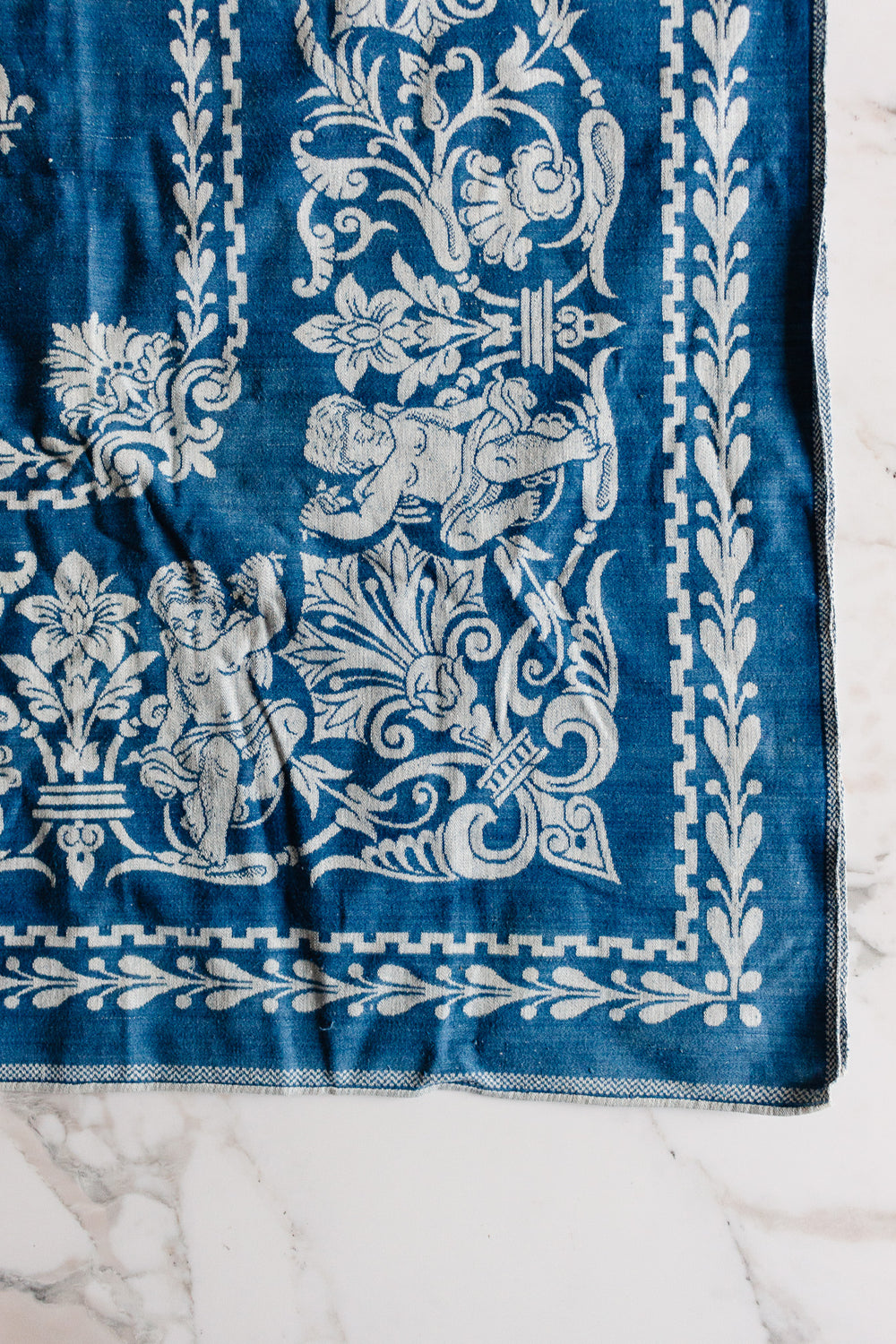 midcentury French blue and white cotton tapestry woven fabric