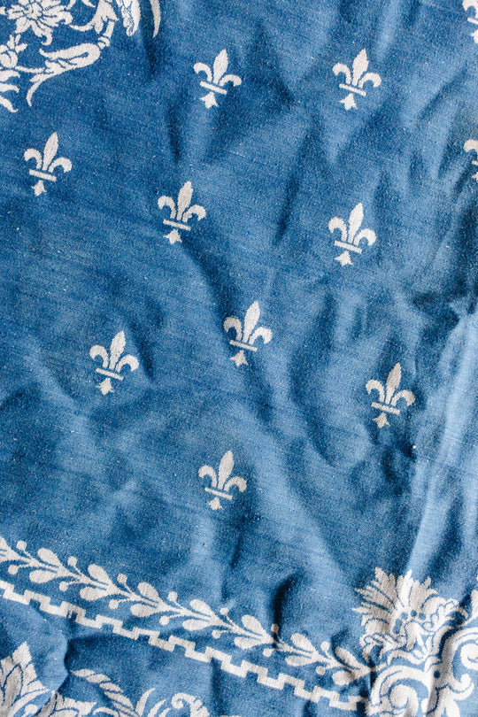 midcentury French blue and white cotton tapestry woven fabric