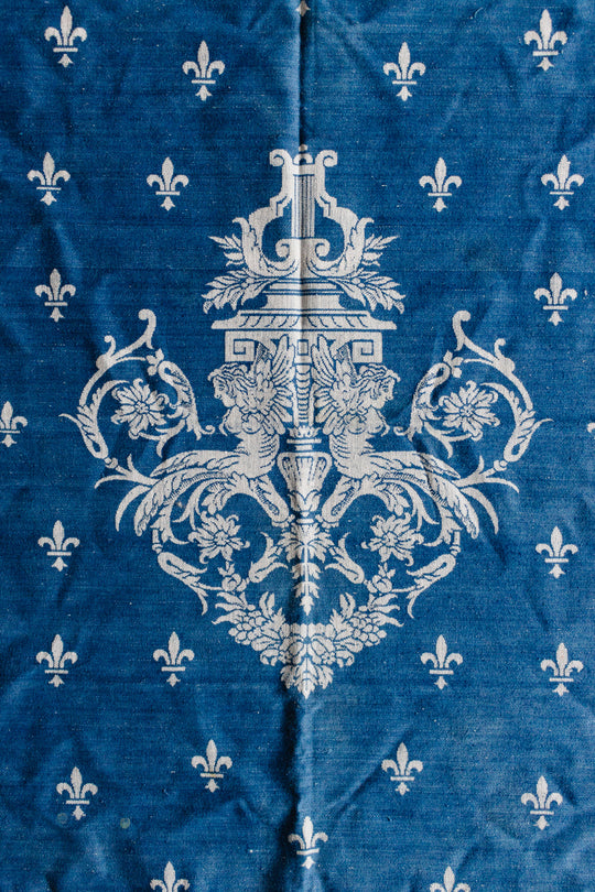 midcentury French blue and white cotton tapestry woven fabric