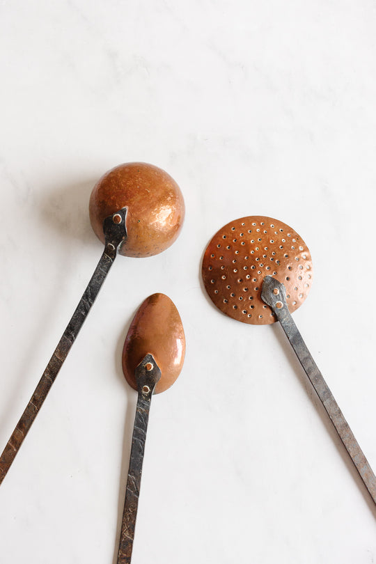 antique french hand forged copper utensils, set of 3