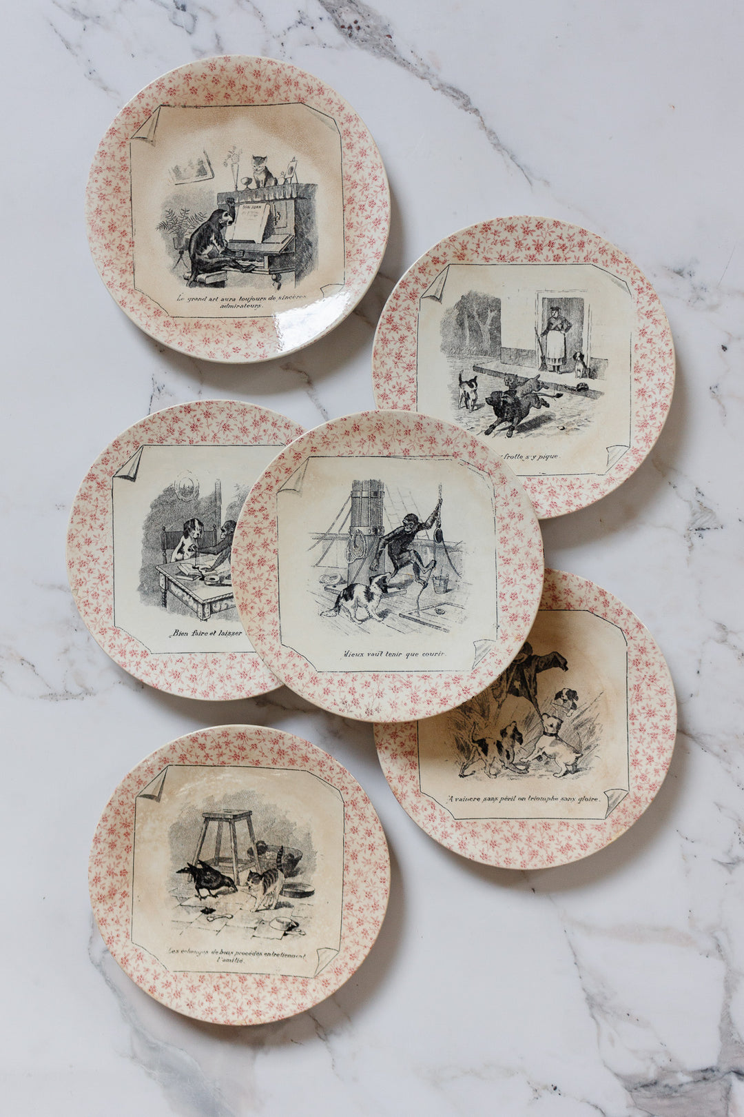 rare antique french "Perse" Sarreguemines talking plates, set of 6
