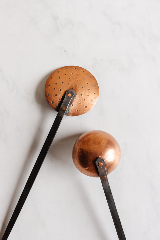 antique French hand forged copper utensils, set of 2