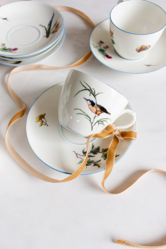 rare 1880s limoges hand painted flora and fauna teacups, set of 5