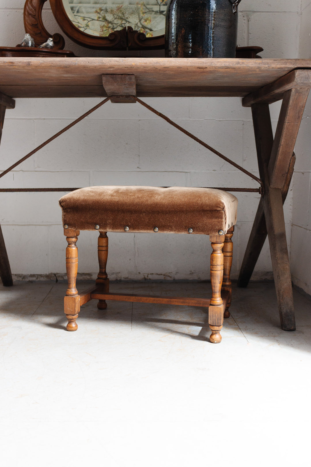 midcentury Belgian oak & velvet stool