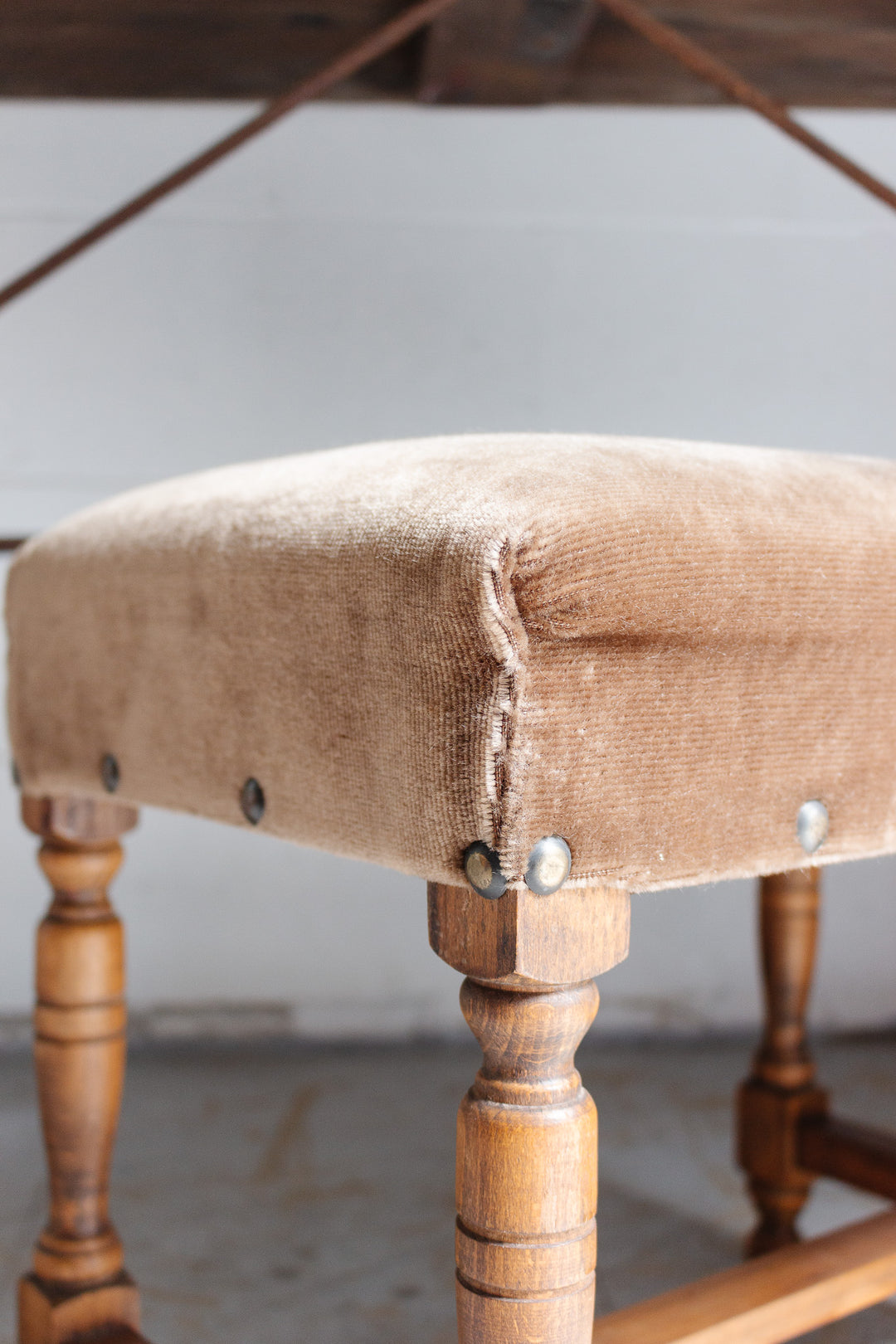 midcentury Belgian oak & velvet stool