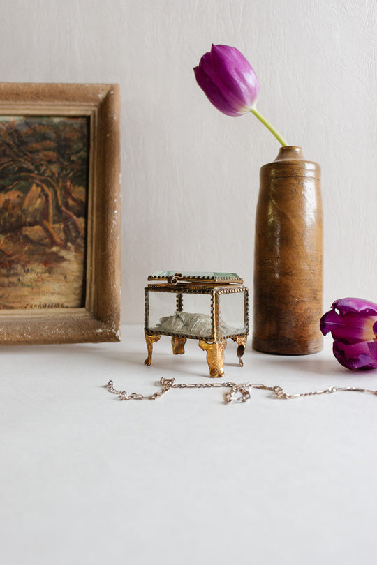 antique French rectangular beveled glass and gilt ormolu bijoux casket