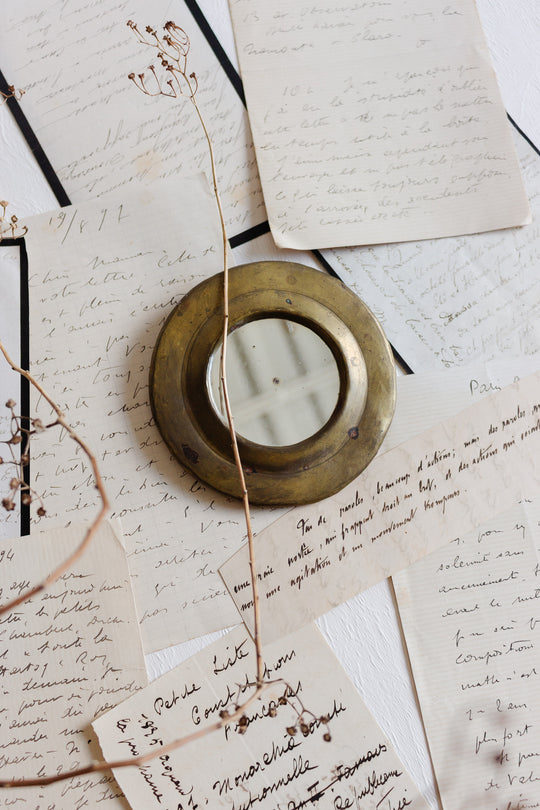 antique french petite brass circular mirror
