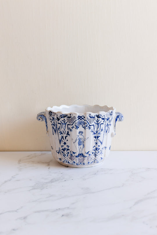 antique french handpainted blue and white cachepot