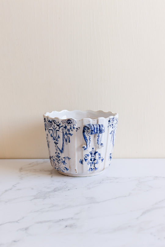 antique french handpainted blue and white cachepot
