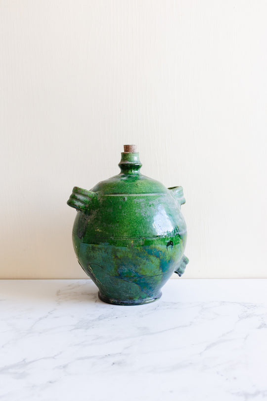 rare 19th century green glazed terracotta conscience jug