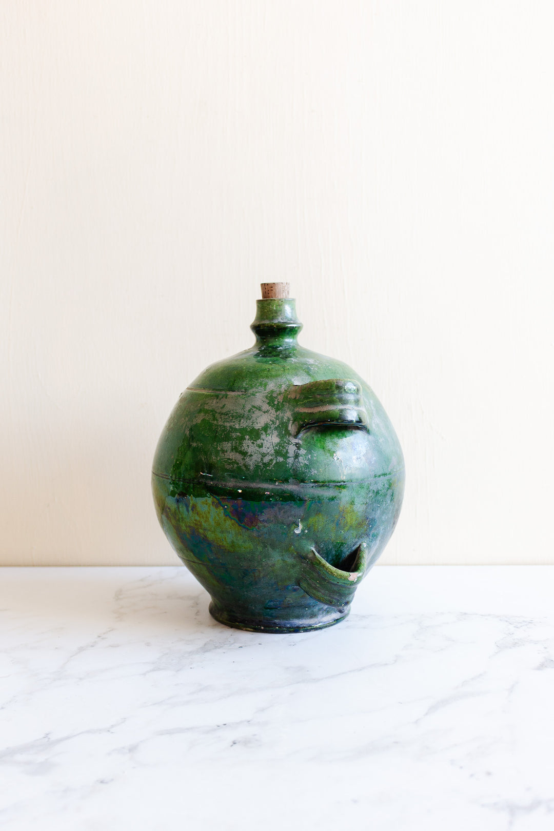 rare 19th century green glazed terracotta conscience jug