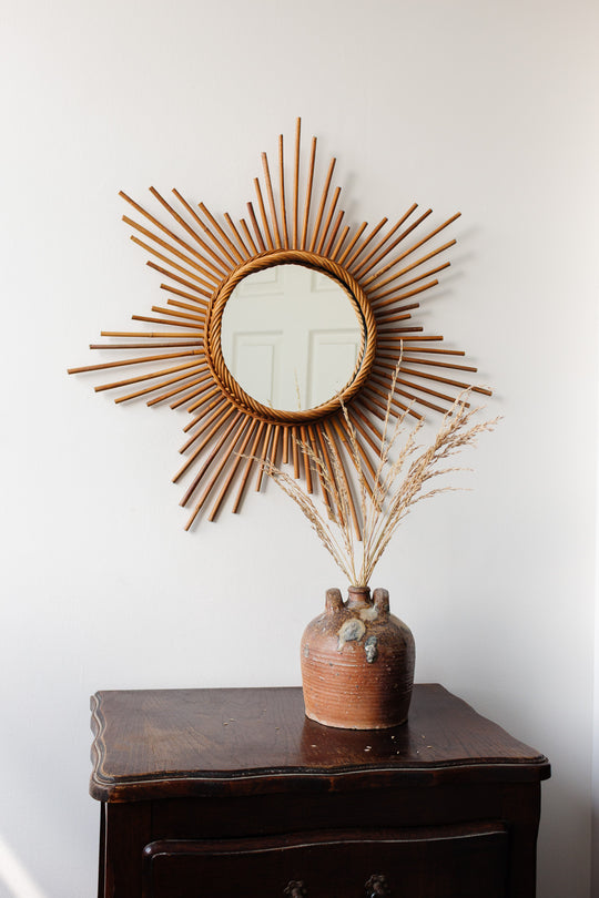 midcentury french rattan starburst mirror