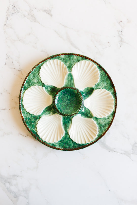 antique french longchamp green "basketweave" oyster plate