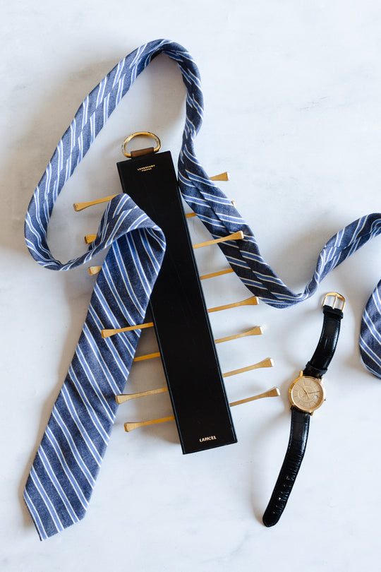 midcentury french brass and leather Longchamp tie rack by Jacques Adnet