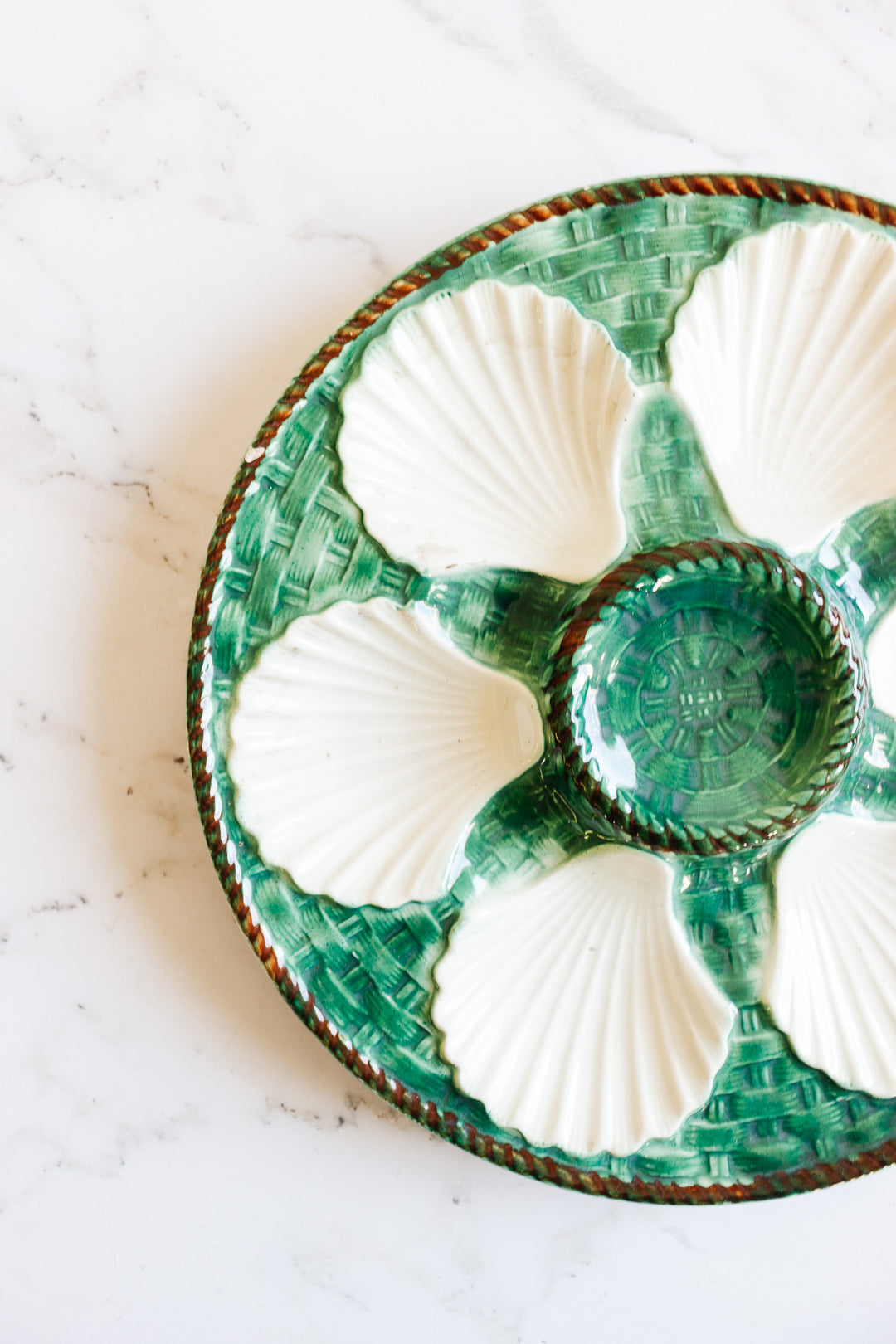 antique french longchamp green "basketweave" oyster plate
