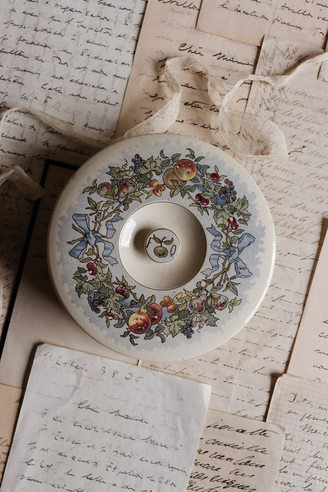 antique french sarreguemines lidded dish with fruit motif