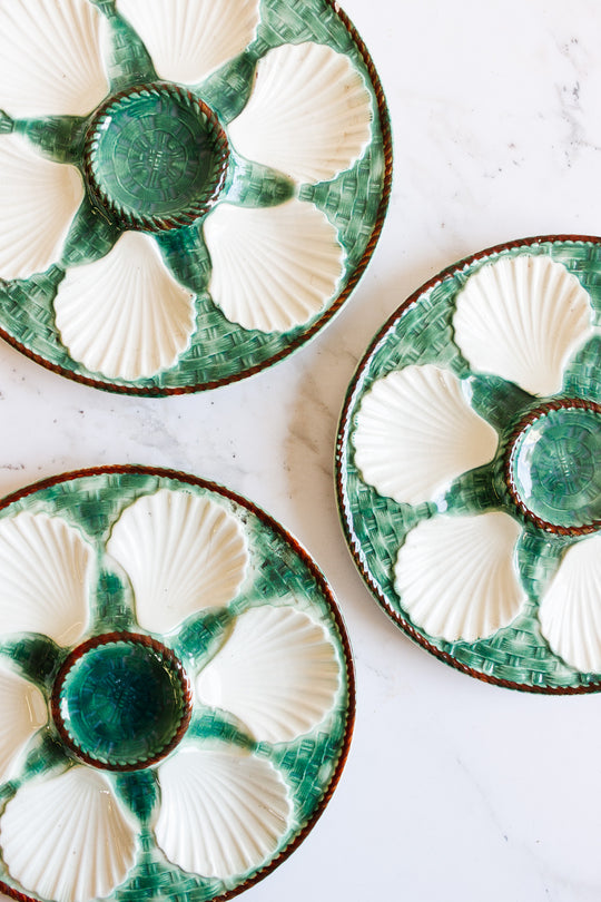 antique french longchamp green "basketweave" oyster plate