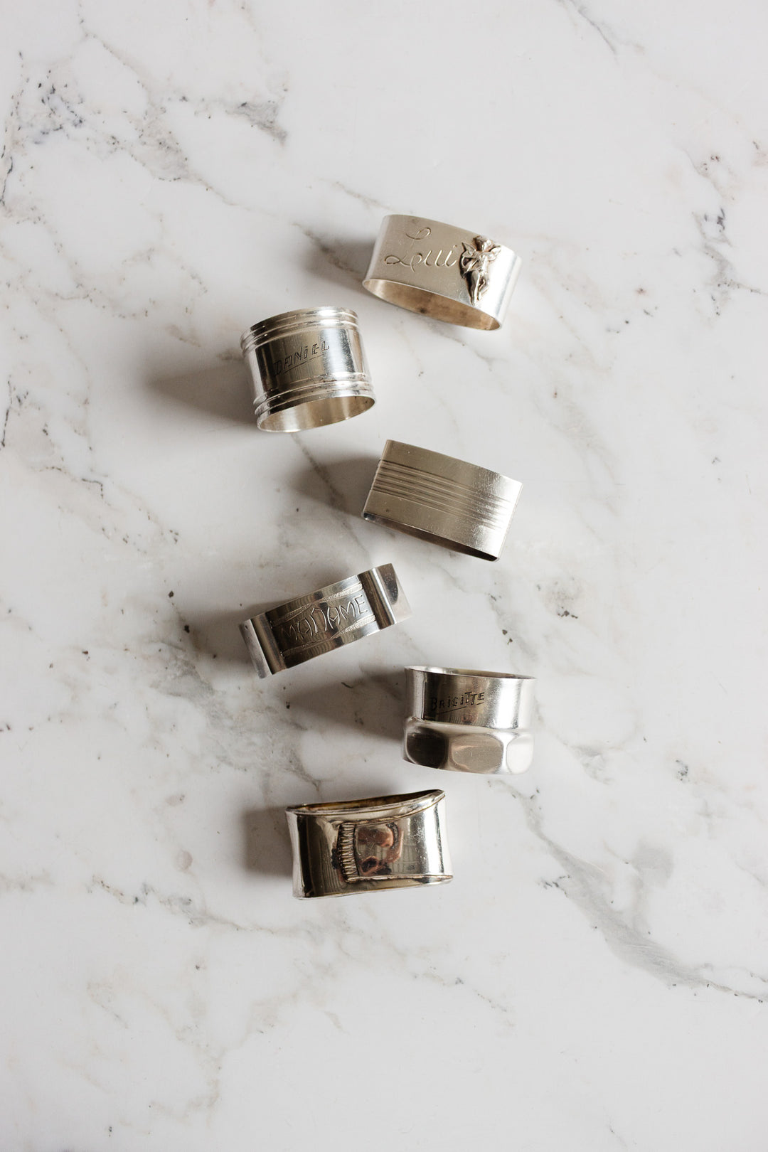 eclectic set of 6 antique french silver napkin rings