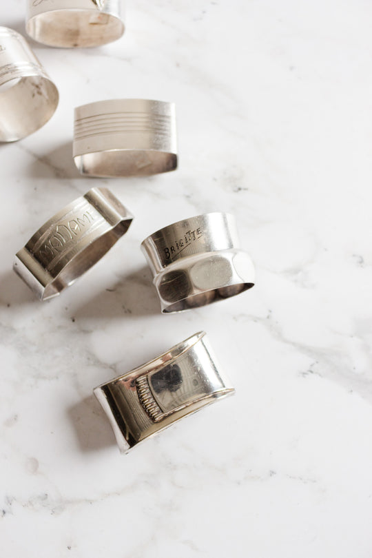 eclectic set of 6 antique french silver napkin rings