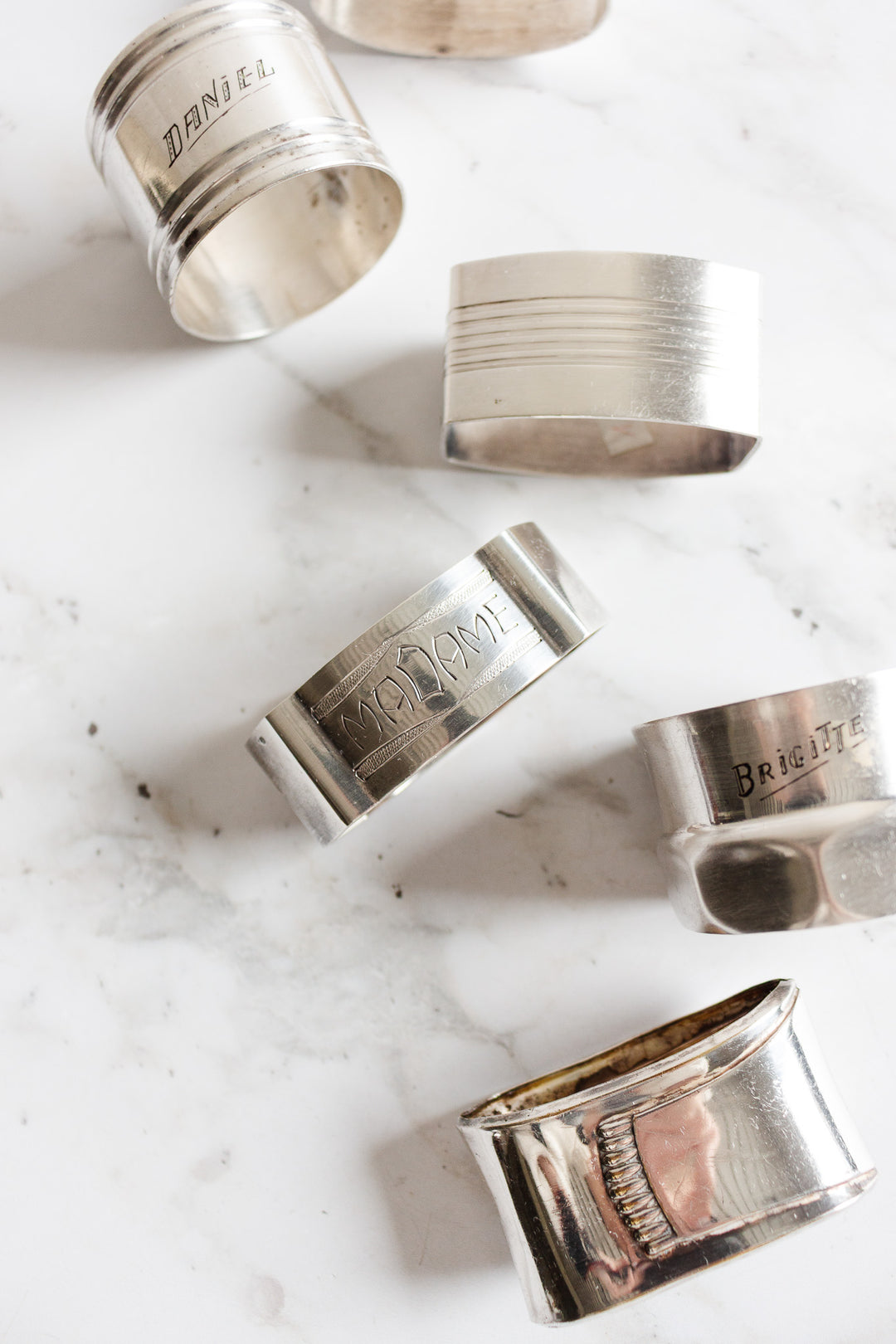 eclectic set of 6 antique french silver napkin rings