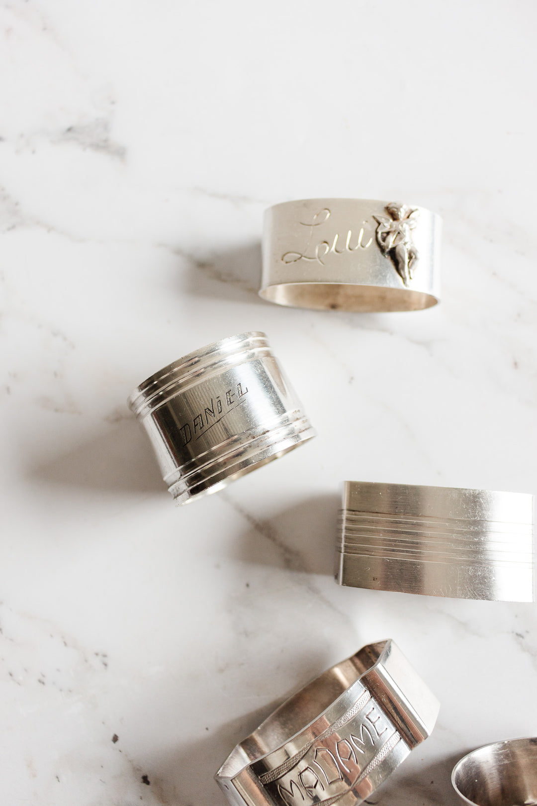 eclectic set of 6 antique french silver napkin rings