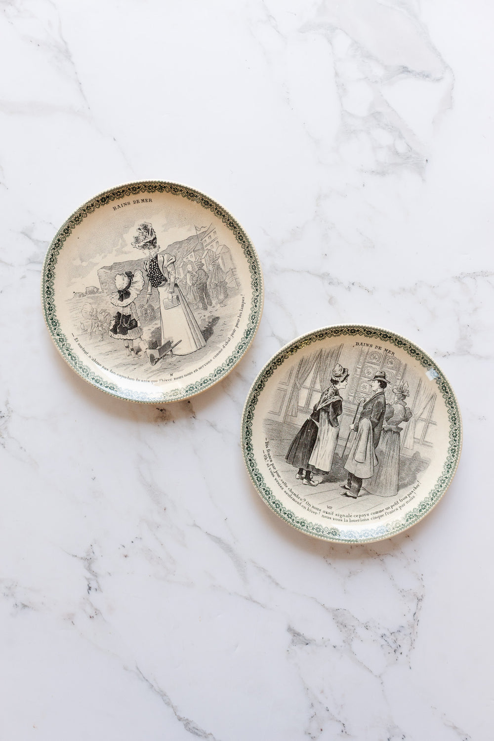 pair of antique hb & cie "bains de mer" talking plates