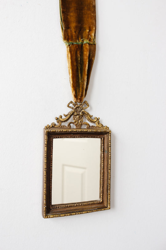 rare turn of the century heirloom victorian solid brass & velvet mirror