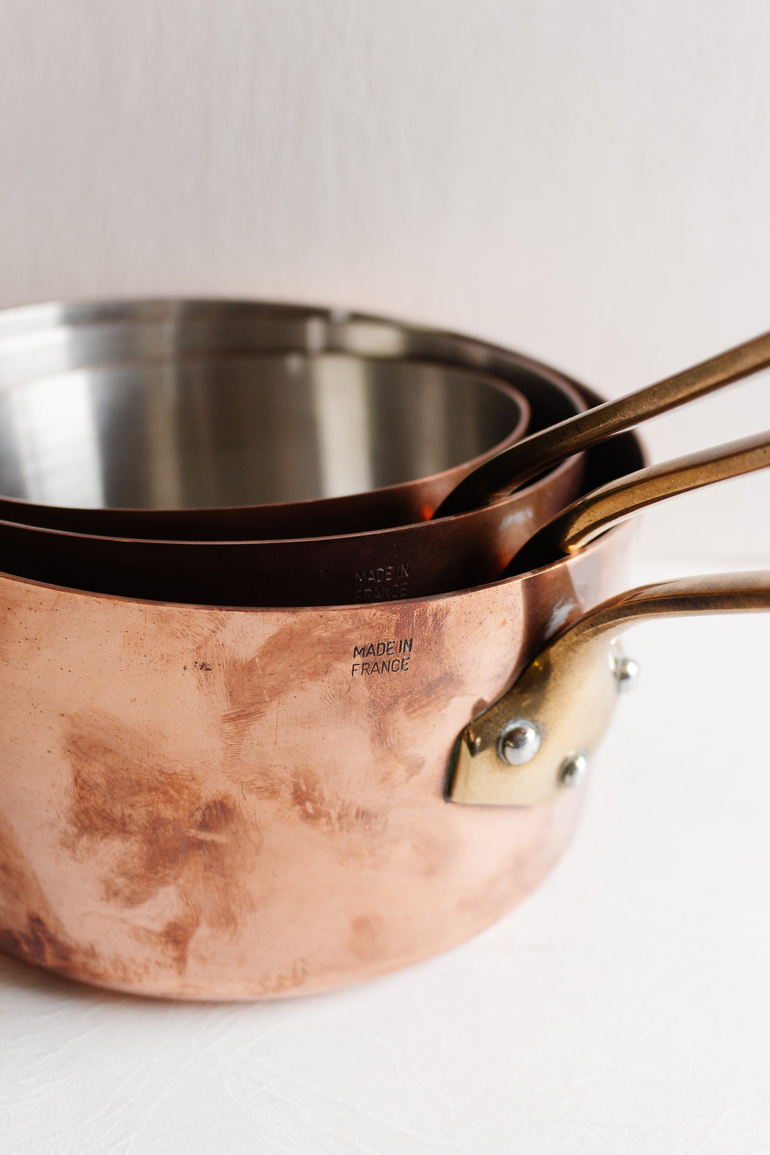 set of 3 graduated vintage french copper pots