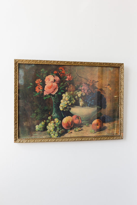 antique french still life print in gilt and plaster frame