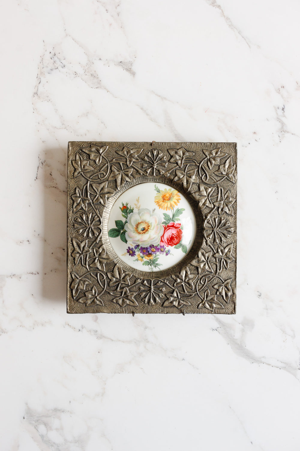 antique french pair of porcelain painted flowers with metal repousse surround