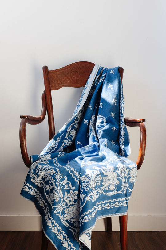 midcentury French blue and white cotton tapestry woven fabric