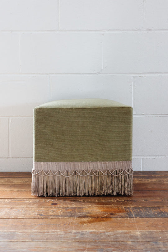 midcentury French green velvet fringe ottoman