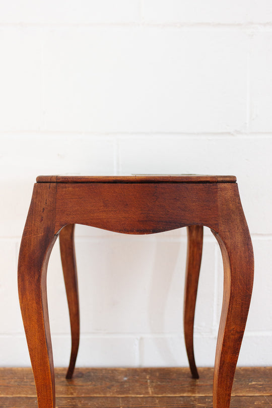 rare 1940s French petite walnut table with hand painted tile