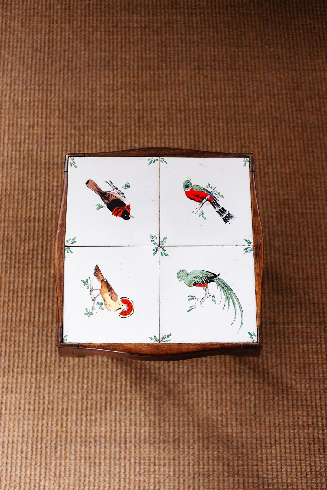 rare 1940s French petite walnut table with hand painted tile