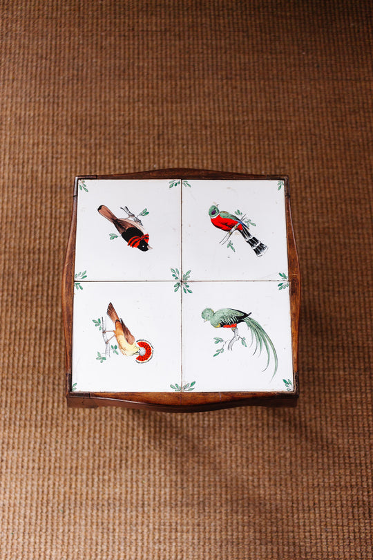 rare 1940s French petite walnut table with hand painted tile