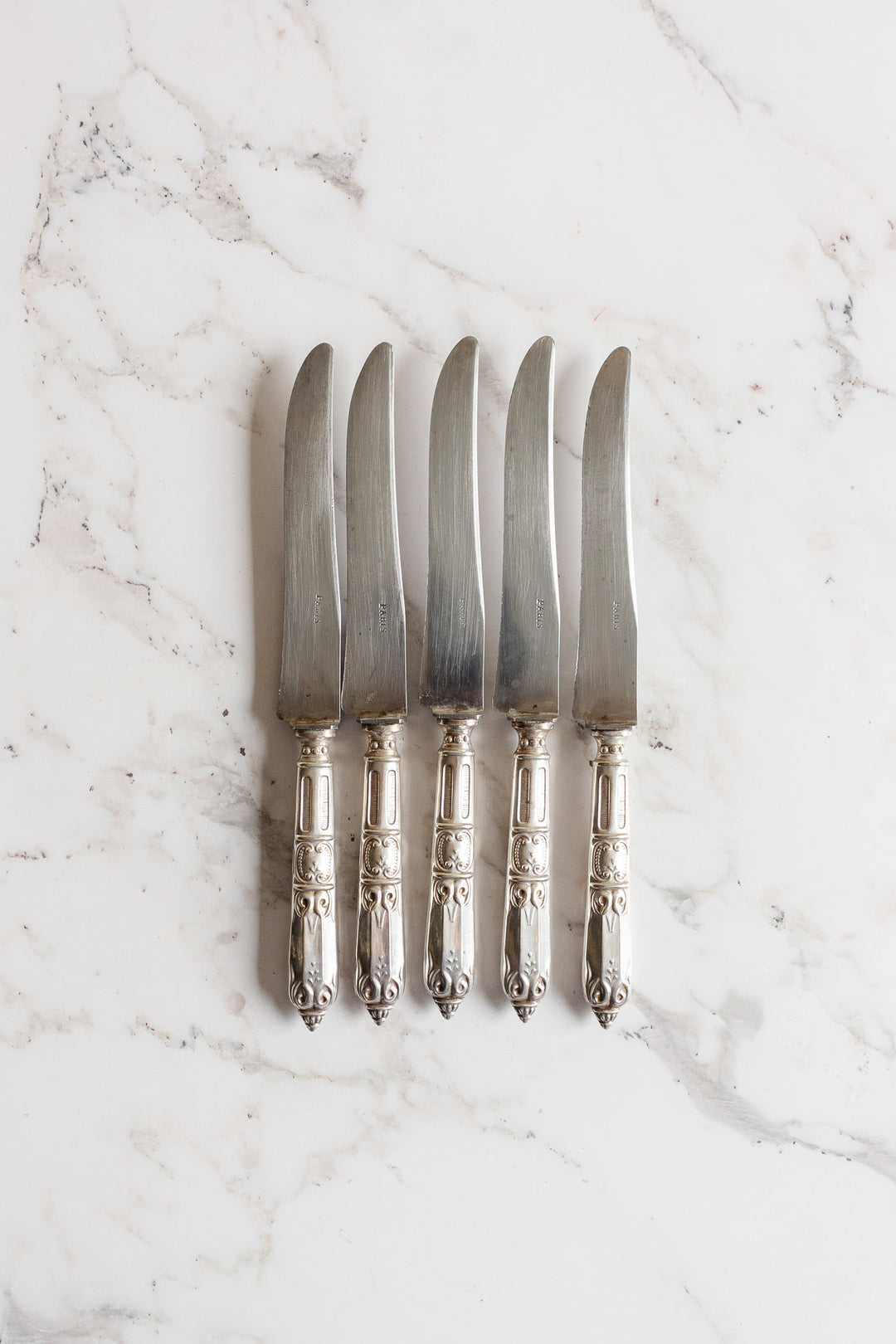 set of 5 antique french silver plate "paris" knives