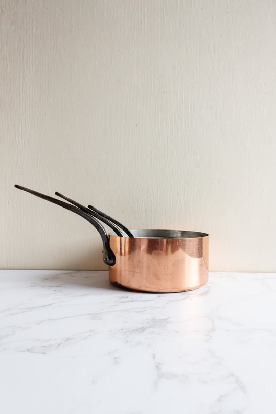 set of 3 vintage french copper pots with cast iron handles
