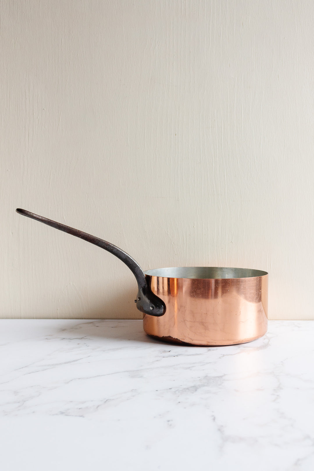 set of 3 vintage french copper pots with cast iron handles