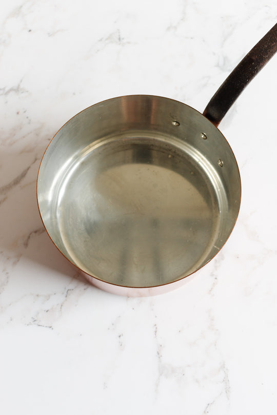 set of 3 vintage french copper pots with cast iron handles