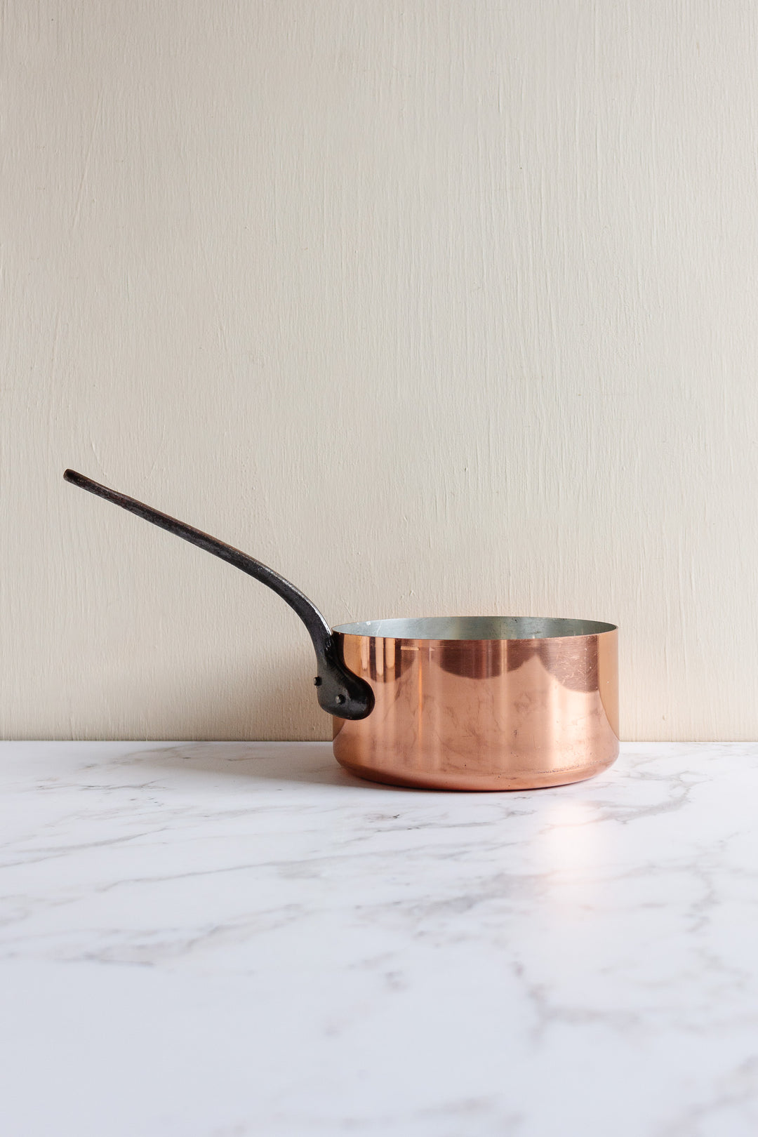 set of 3 vintage french copper pots with cast iron handles