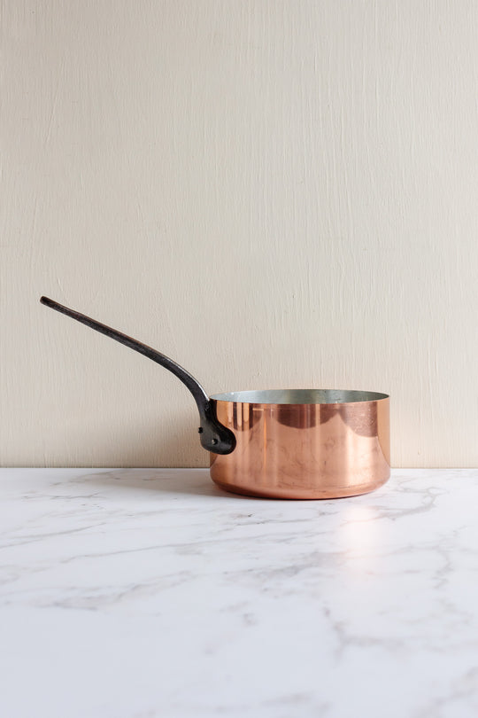 set of 3 vintage french copper pots with cast iron handles