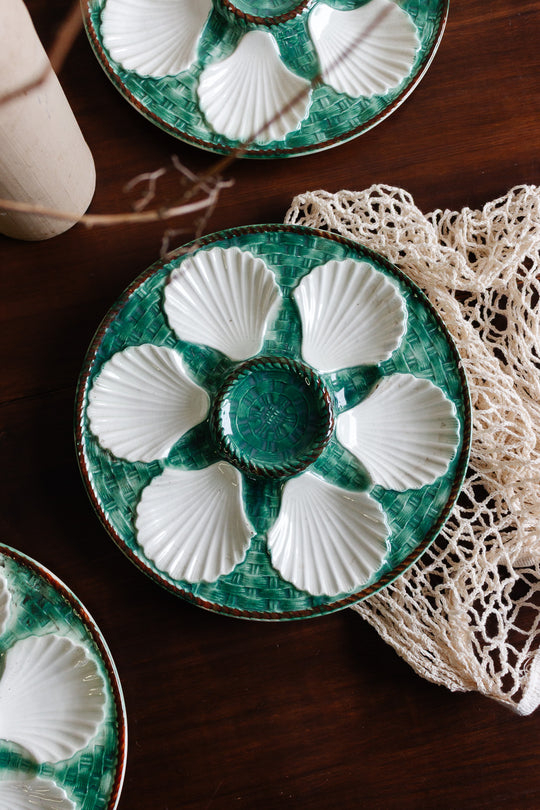 antique french longchamp green "basketweave" oyster plate