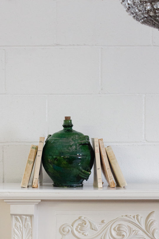 rare 19th century green glazed terracotta conscience jug