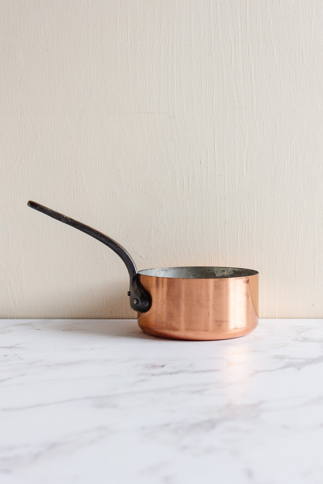 set of 3 vintage french copper pots with cast iron handles
