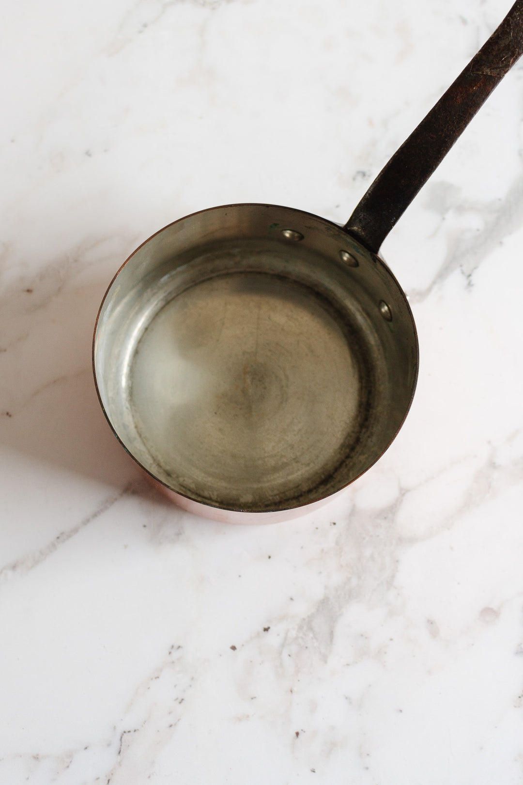 set of 3 vintage french copper pots with cast iron handles